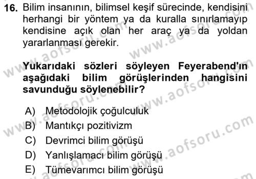 Felsefe Dersi 2025 - 2026 Yılı (Vize) Ara Sınav Soruları 16. Soru