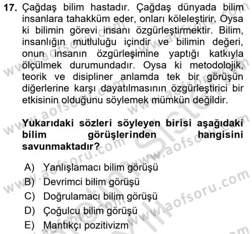 Felsefe Dersi 2025 - 2026 Yılı (Vize) Ara Sınav Soruları 17. Soru
