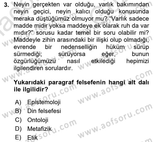 Felsefe Dersi 2025 - 2026 Yılı (Vize) Ara Sınav Soruları 3. Soru