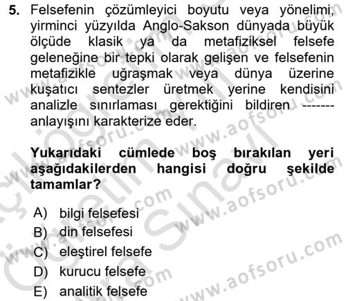 Felsefe Dersi 2025 - 2026 Yılı (Vize) Ara Sınav Soruları 5. Soru
