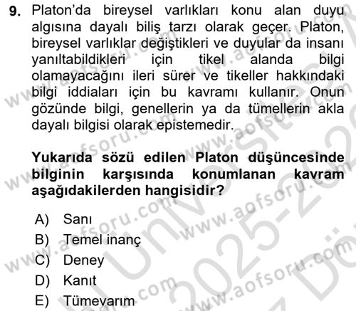 Felsefe Dersi 2025 - 2026 Yılı (Vize) Ara Sınav Soruları 9. Soru