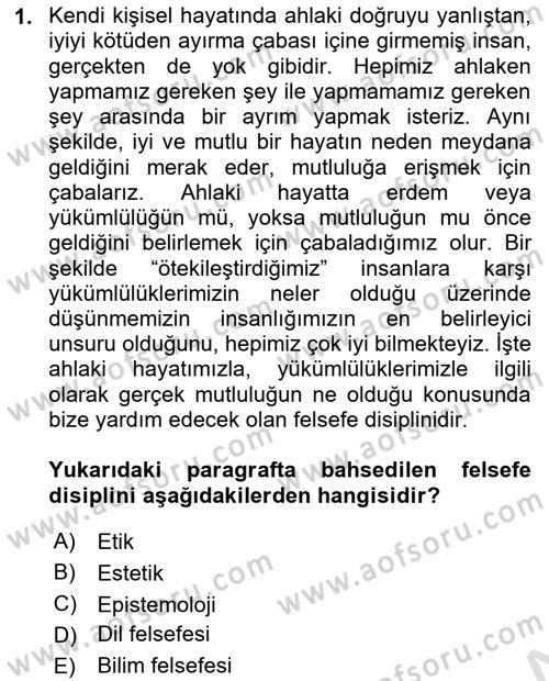 Felsefe Dersi 2025 - 2026 Yılı Yaz Okulu Sınav Soruları 1. Soru