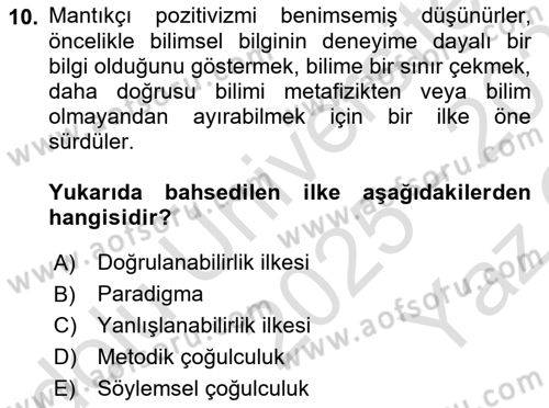 Felsefe Dersi 2025 - 2026 Yılı Yaz Okulu Sınav Soruları 10. Soru