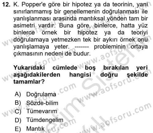 Felsefe Dersi 2025 - 2026 Yılı Yaz Okulu Sınav Soruları 12. Soru