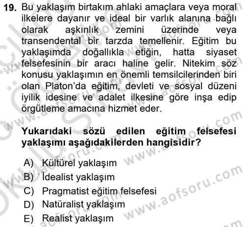Felsefe Dersi 2025 - 2026 Yılı Yaz Okulu Sınav Soruları 19. Soru