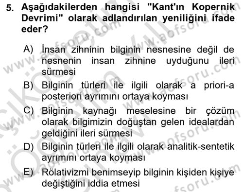 Felsefe Dersi 2025 - 2026 Yılı Yaz Okulu Sınav Soruları 5. Soru