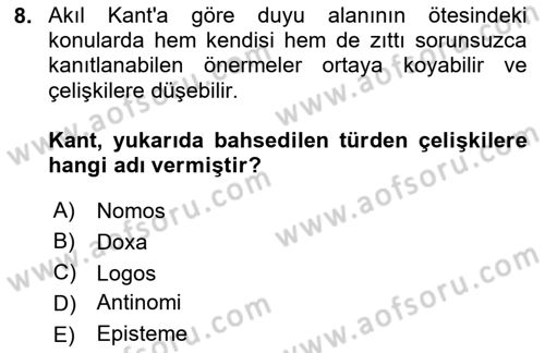Felsefe Dersi 2025 - 2026 Yılı Yaz Okulu Sınav Soruları 8. Soru