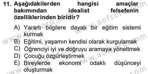 Eğitim Felsefesi Dersi 2012 - 2013 Yılı (Vize) Ara Sınav Soruları 11. Soru