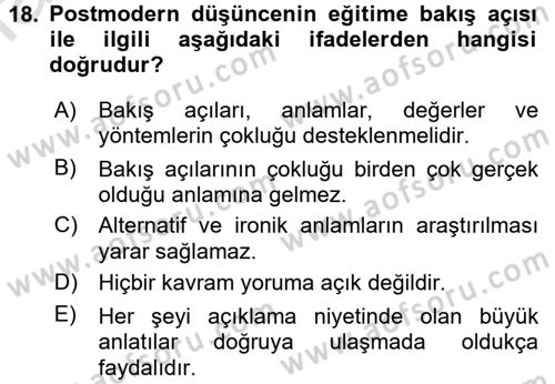 Eğitim Felsefesi Dersi 2015 - 2016 Yılı (Final) Dönem Sonu Sınav Soruları 18. Soru