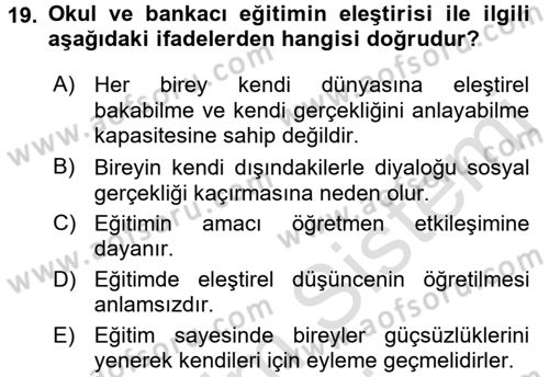 Eğitim Felsefesi Dersi 2015 - 2016 Yılı (Final) Dönem Sonu Sınav Soruları 19. Soru