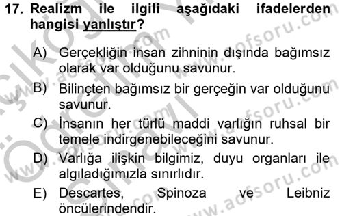 Eğitim Felsefesi Dersi 2016 - 2017 Yılı 3 Ders Sınav Soruları 17. Soru