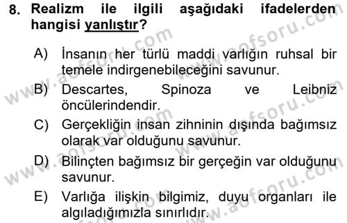 Eğitim Felsefesi Dersi 2016 - 2017 Yılı (Final) Dönem Sonu Sınav Soruları 8. Soru