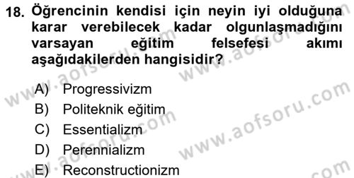 Eğitim Felsefesi Dersi 2018 - 2019 Yılı (Vize) Ara Sınav Soruları 18. Soru