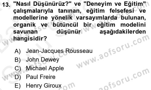 Eğitim Felsefesi Dersi 2018 - 2019 Yılı (Final) Dönem Sonu Sınav Soruları 13. Soru