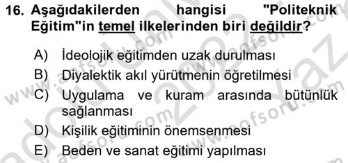Eğitim Felsefesi Dersi 2022 - 2023 Yılı Yaz Okulu Sınav Soruları 16. Soru