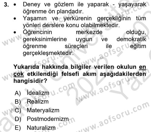 Eğitim Felsefesi Dersi 2022 - 2023 Yılı Yaz Okulu Sınav Soruları 3. Soru