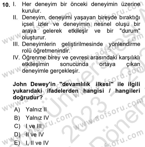 Eğitim Felsefesi Dersi 2023 - 2024 Yılı (Final) Dönem Sonu Sınav Soruları 10. Soru