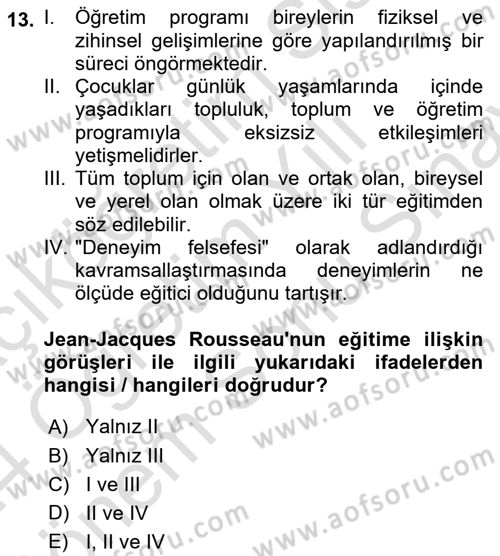 Eğitim Felsefesi Dersi 2023 - 2024 Yılı (Final) Dönem Sonu Sınav Soruları 13. Soru