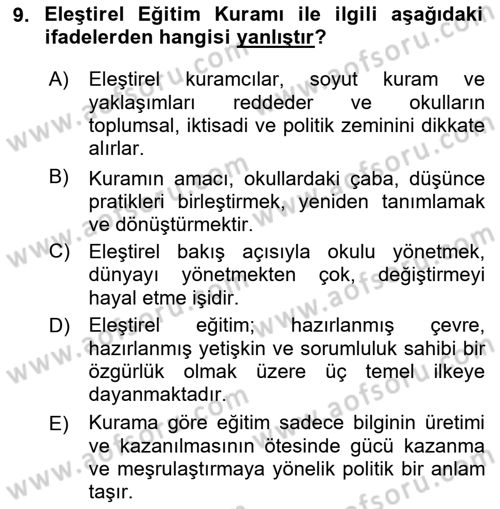Eğitim Felsefesi Dersi 2023 - 2024 Yılı (Final) Dönem Sonu Sınav Soruları 9. Soru