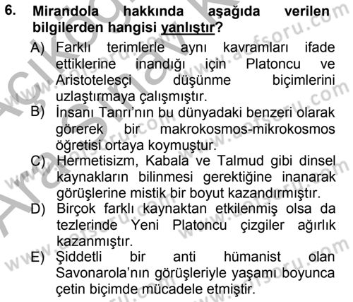 Modern Felsefe 1 Dersi Ara Sınavı Deneme Sınav Soruları 6. Soru