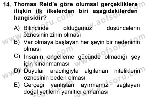Modern Felsefe 1 Dersi 2012 - 2013 Yılı (Final) Dönem Sonu Sınav Soruları 14. Soru