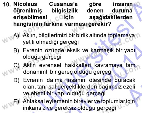 Modern Felsefe 1 Dersi Ara Sınavı Deneme Sınav Soruları 10. Soru