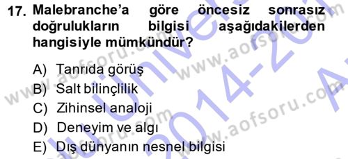 Modern Felsefe 1 Dersi Ara Sınavı Deneme Sınav Soruları 17. Soru