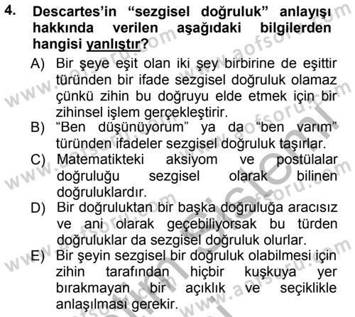 Modern Felsefe 1 Dersi 2014 - 2015 Yılı (Final) Dönem Sonu Sınav Soruları 4. Soru