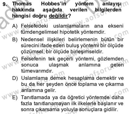 Modern Felsefe 1 Dersi 2014 - 2015 Yılı (Final) Dönem Sonu Sınav Soruları 9. Soru