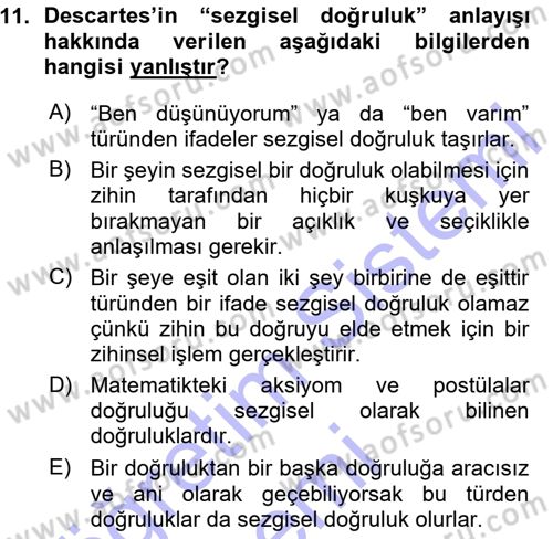 Modern Felsefe 1 Dersi Ara Sınavı Deneme Sınav Soruları 11. Soru