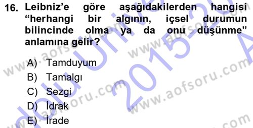 Modern Felsefe 1 Dersi Ara Sınavı Deneme Sınav Soruları 16. Soru
