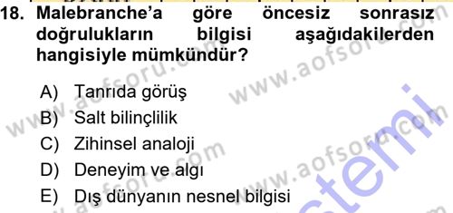 Modern Felsefe 1 Dersi Ara Sınavı Deneme Sınav Soruları 18. Soru
