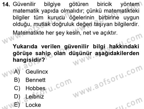 Modern Felsefe 1 Dersi Ara Sınavı Deneme Sınav Soruları 14. Soru