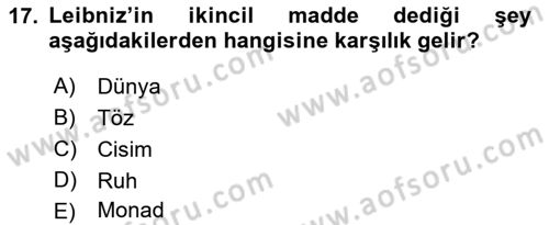 Modern Felsefe 1 Dersi Ara Sınavı Deneme Sınav Soruları 17. Soru