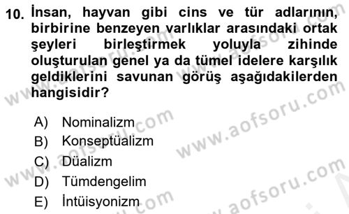 Modern Felsefe 1 Dersi 2016 - 2017 Yılı (Final) Dönem Sonu Sınav Soruları 10. Soru
