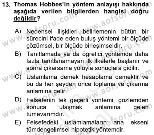 Modern Felsefe 1 Dersi 2016 - 2017 Yılı (Final) Dönem Sonu Sınav Soruları 13. Soru