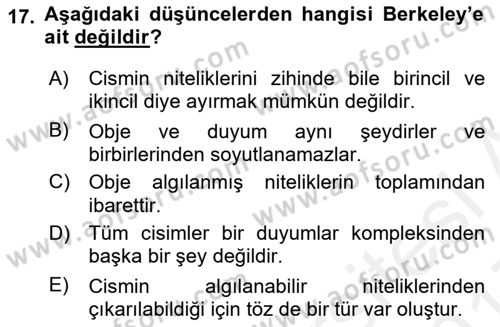 Modern Felsefe 1 Dersi 2016 - 2017 Yılı (Final) Dönem Sonu Sınav Soruları 17. Soru