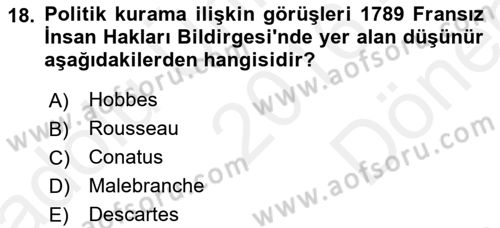 Modern Felsefe 1 Dersi 2016 - 2017 Yılı (Final) Dönem Sonu Sınav Soruları 18. Soru