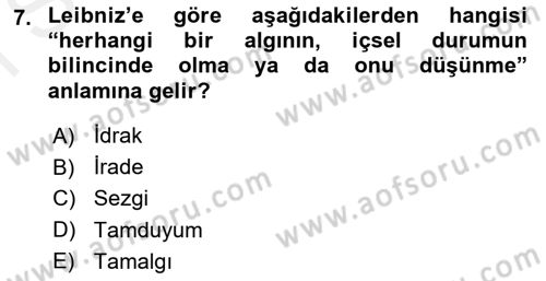 Modern Felsefe 1 Dersi 2016 - 2017 Yılı (Final) Dönem Sonu Sınav Soruları 7. Soru
