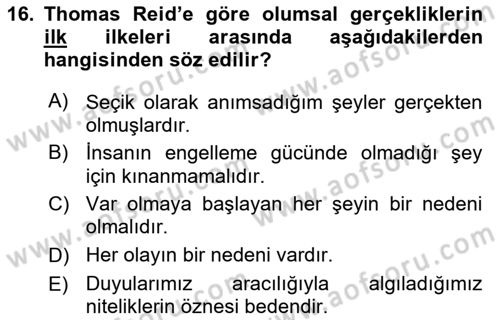 Modern Felsefe 1 Dersi 2017 - 2018 Yılı 3 Ders Sınav Soruları 16. Soru