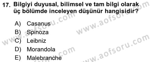 Modern Felsefe 1 Dersi Ara Sınavı Deneme Sınav Soruları 17. Soru