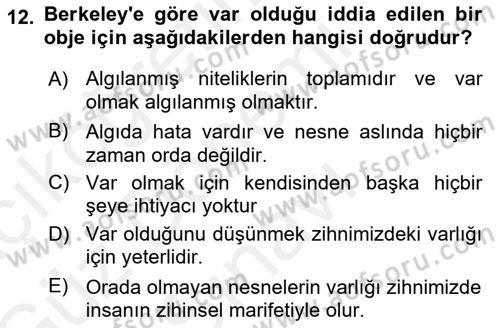 Modern Felsefe 1 Dersi 2017 - 2018 Yılı (Final) Dönem Sonu Sınav Soruları 12. Soru