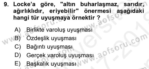 Modern Felsefe 1 Dersi 2017 - 2018 Yılı (Final) Dönem Sonu Sınav Soruları 9. Soru
