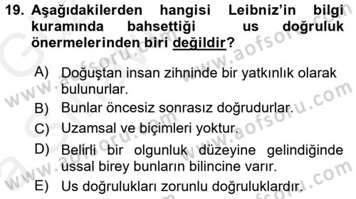 Modern Felsefe 1 Dersi 2018 - 2019 Yılı (Vize) Ara Sınav Soruları 19. Soru