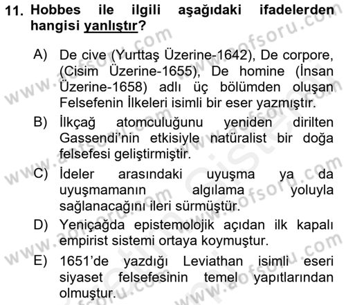 Modern Felsefe 1 Dersi 2018 - 2019 Yılı (Final) Dönem Sonu Sınav Soruları 11. Soru