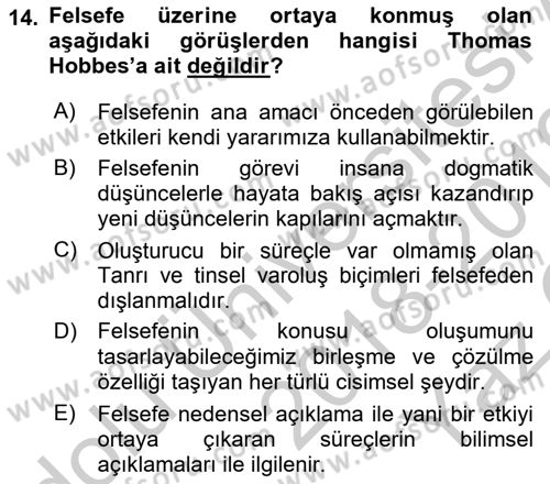 Modern Felsefe 1 Dersi 2018 - 2019 Yılı Yaz Okulu Sınav Soruları 14. Soru