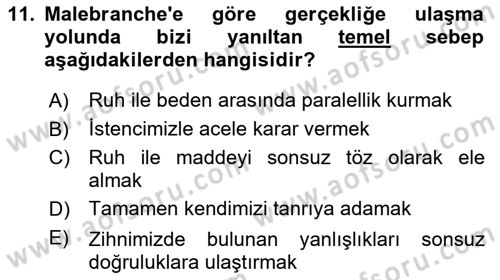 Modern Felsefe 1 Dersi 2019 - 2020 Yılı (Final) Dönem Sonu Sınav Soruları 11. Soru