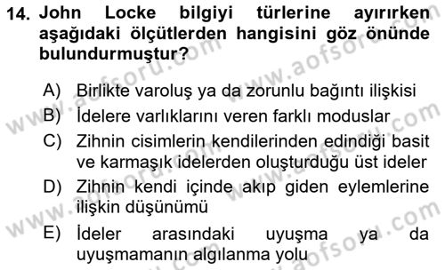 Modern Felsefe 1 Dersi 2019 - 2020 Yılı (Final) Dönem Sonu Sınav Soruları 14. Soru