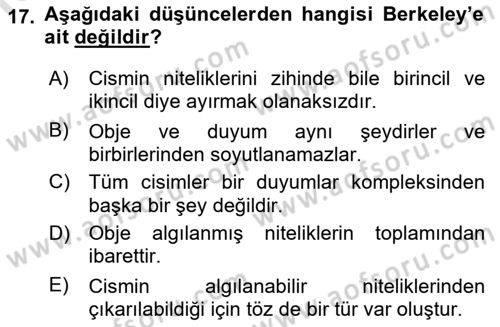 Modern Felsefe 1 Dersi 2019 - 2020 Yılı (Final) Dönem Sonu Sınav Soruları 17. Soru
