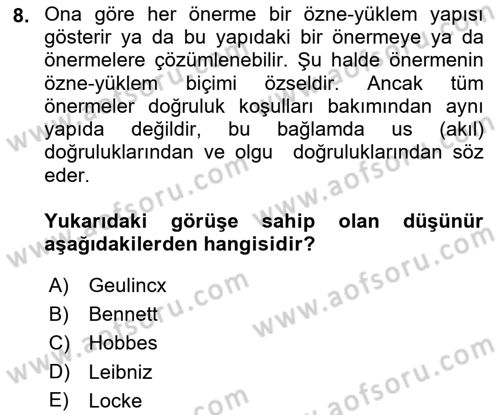 Modern Felsefe 1 Dersi 2021 - 2022 Yılı (Final) Dönem Sonu Sınav Soruları 8. Soru